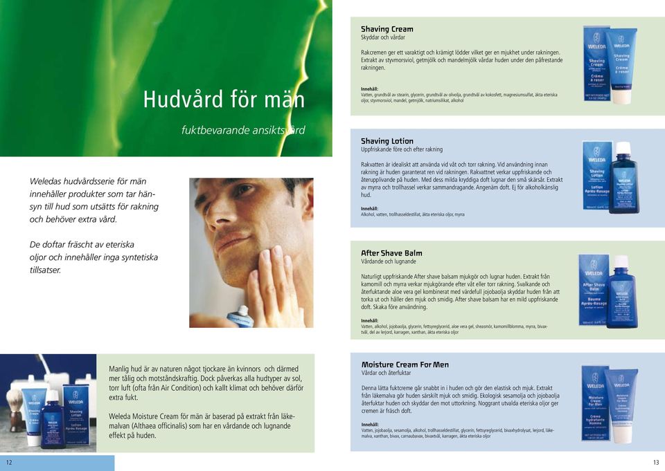 Hudvård för män Vatten, grundtvål av stearin, glycerin, grundtvål av olivolja, grundtvål av kokosfett, magnesiumsulfat, äkta eteriska oljor, styvmorsviol, mandel, getmjölk, natriumsilikat, alkohol