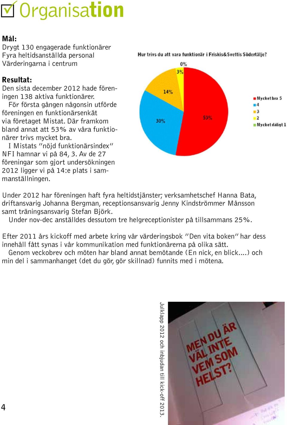 I Mistats nöjd funktionärsindex NFI hamnar vi på 84, 3. Av de 27 föreningar som gjort undersökningen 2012 ligger vi på 14:e plats i sammanställningen.