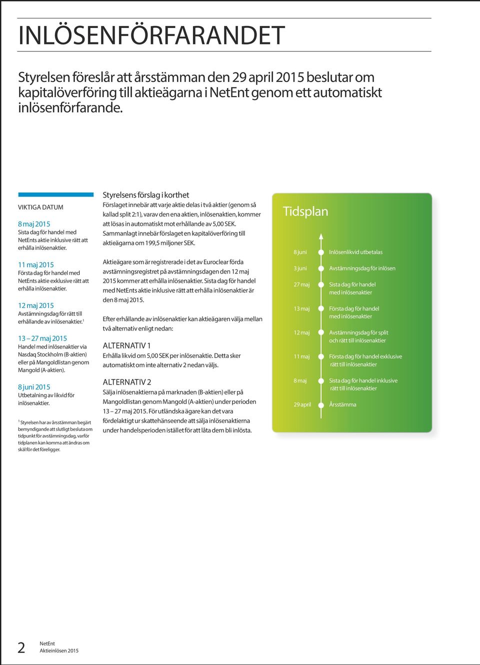 12 maj 2015 Avstämningsdag för rätt till erhållande av inlösenaktier. 1 13 27 maj 2015 Handel med inlösenaktier via Nasdaq Stockholm (B-aktien) eller på Mangoldlistan genom Mangold (A-aktien).