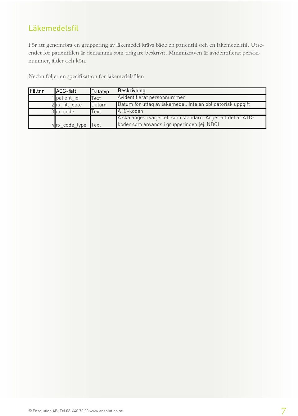 Nedan följer en specifikation för läkemedelsfilen Fältnr ACG-fält Datatyp Beskrivning 1 patient_id Text Avidentifierat personnummer 2 rx_fill_date