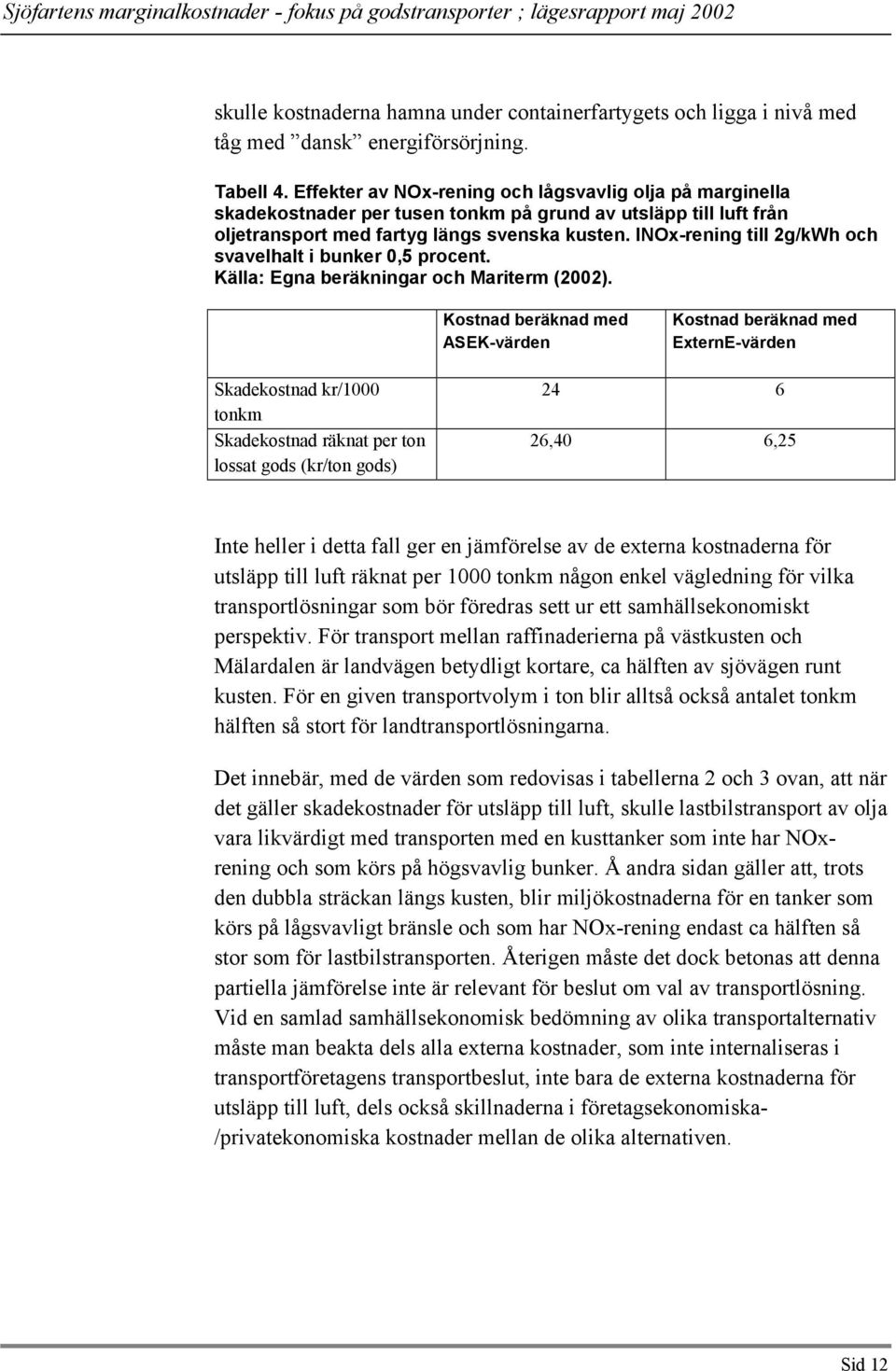 INOx-rening till 2g/kWh och svavelhalt i bunker 0,5 procent. Källa: Egna beräkningar och Mariterm (2002).