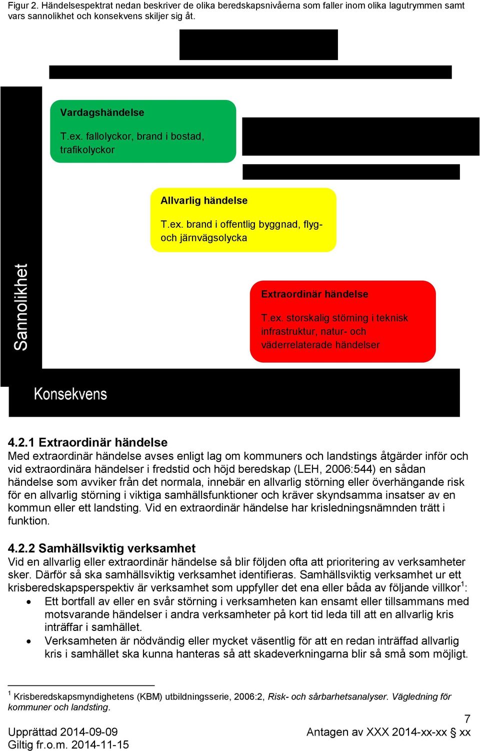 2.1 Extraordinär händelse Med extraordinär händelse avses enligt lag om kommuners och landstings åtgärder inför och vid extraordinära händelser i fredstid och höjd beredskap (LEH, 2006:544) en sådan