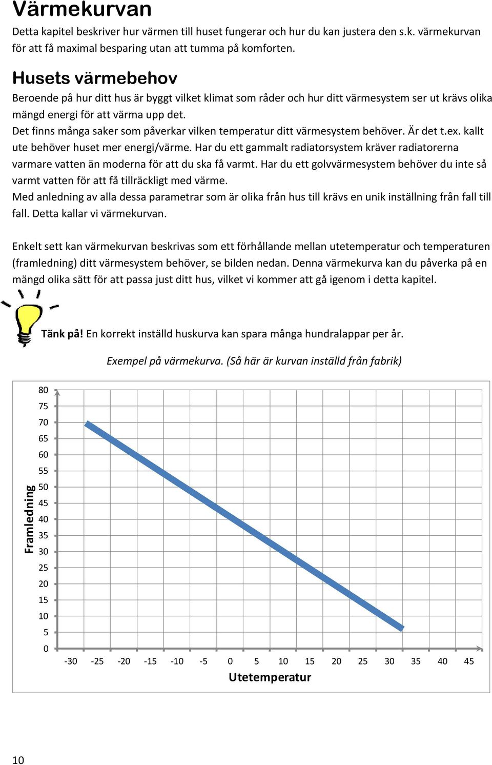 Det finns många saker som påverkar vilken temperatur ditt värmesystem behöver. Är det t.ex. kallt ute behöver huset mer energi/värme.