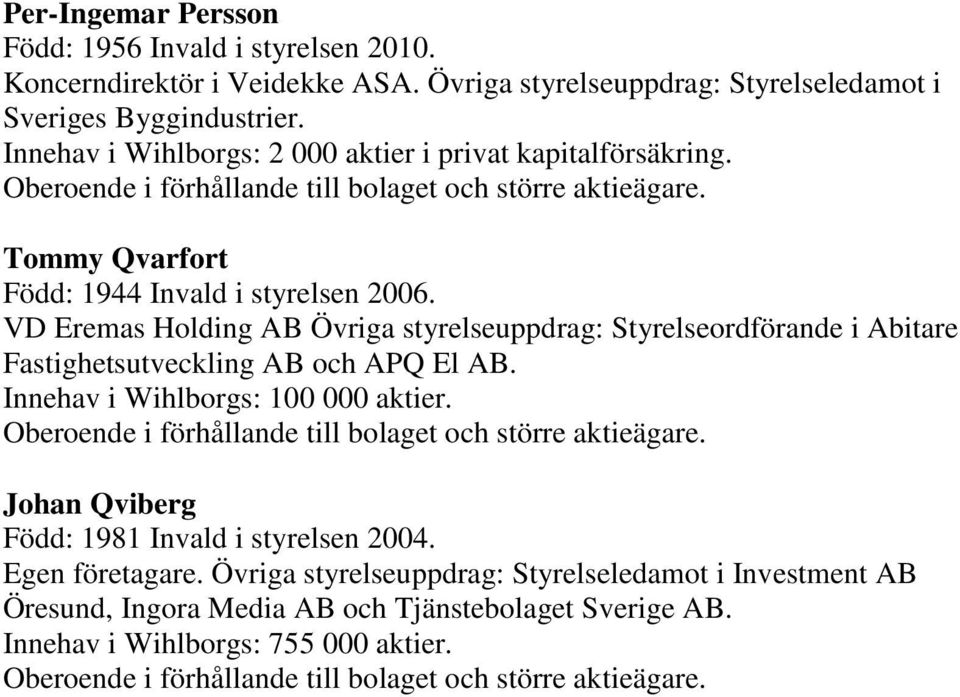 VD Eremas Holding AB Övriga styrelseuppdrag: Styrelseordförande i Abitare Fastighetsutveckling AB och APQ El AB. Innehav i Wihlborgs: 100 000 aktier.