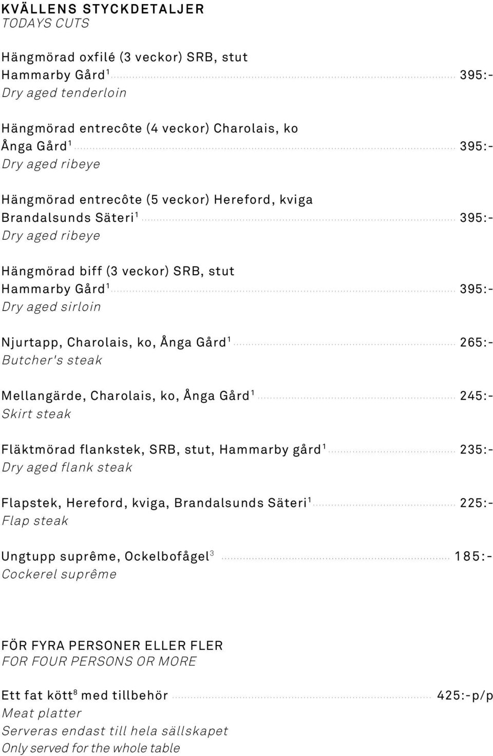 .. 395:- Dry aged sirloin Njurtapp, Charolais, ko, Ånga Gård 1... 265:- Butcher's steak Mellangärde, Charolais, ko, Ånga Gård 1... 245:- Skirt steak Fläktmörad flankstek, SRB, stut, Hammarby gård 1.