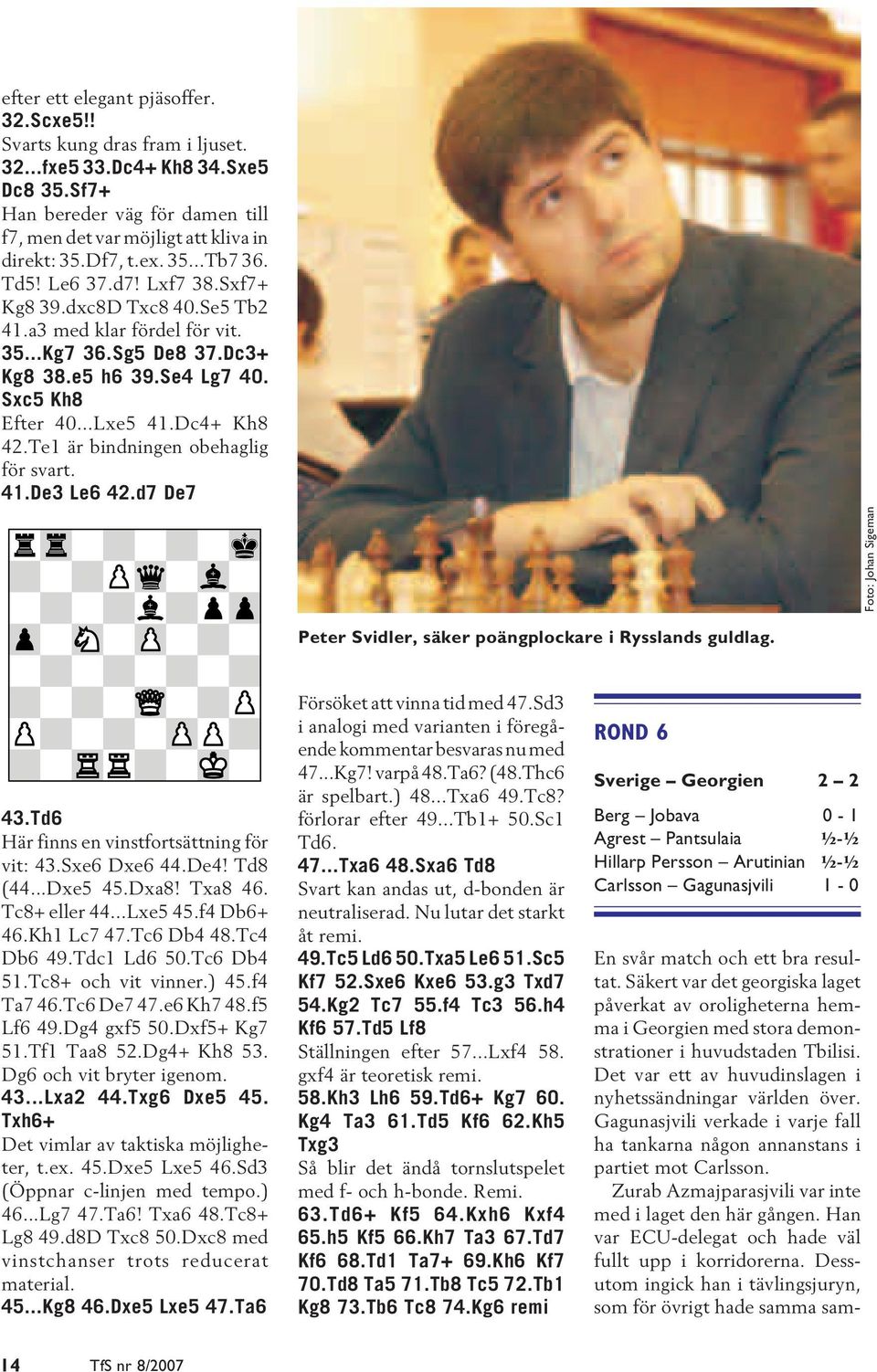 Dc4+ Kh8 42.Te1 är bindningen obehaglig för svart. 41.De3 Le6 42.d7 De7 Foto: Johan Sigeman Peter Svidler, säker poängplockare i Rysslands guldlag. 43.Td6 Här finns en vinstfortsättning för vit: 43.