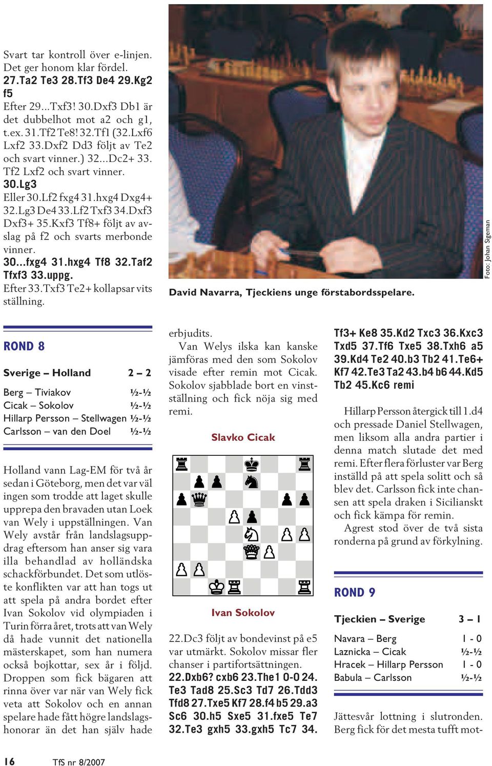 Kxf3 Tf8+ följt av avslag på f2 och svarts merbonde vinner. 30...fxg4 31.hxg4 Tf8 32.Taf2 Tfxf3 33.uppg. Efter 33.Txf3 Te2+ kollapsar vits ställning. David Navarra, Tjeckiens unge förstabordsspelare.