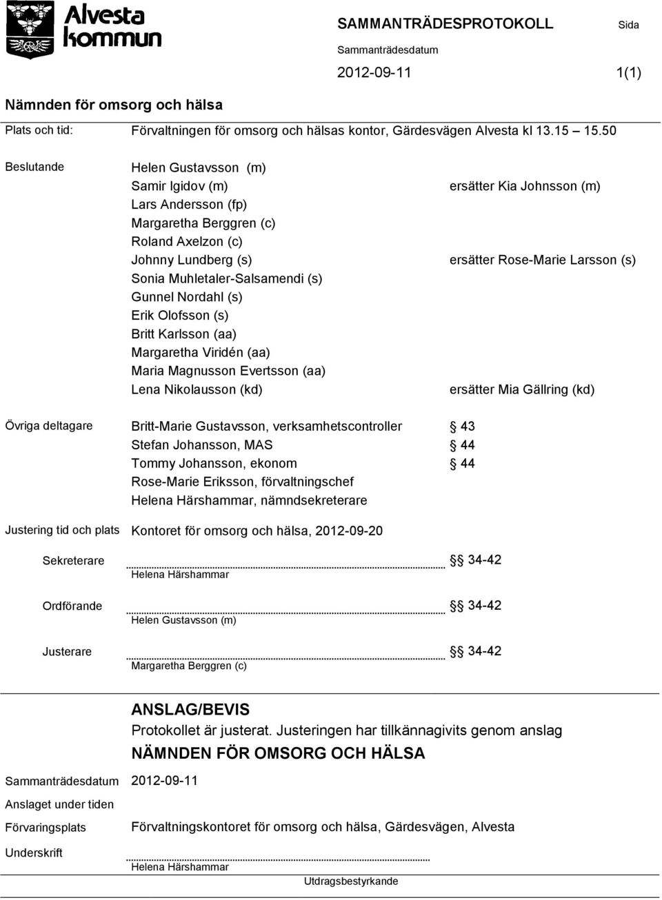 (s) Britt Karlsson (aa) Margaretha Viridén (aa) Maria Magnusson Evertsson (aa) Lena Nikolausson (kd) ersätter Kia Johnsson (m) ersätter Rose-Marie Larsson (s) ersätter Mia Gällring (kd) Övriga