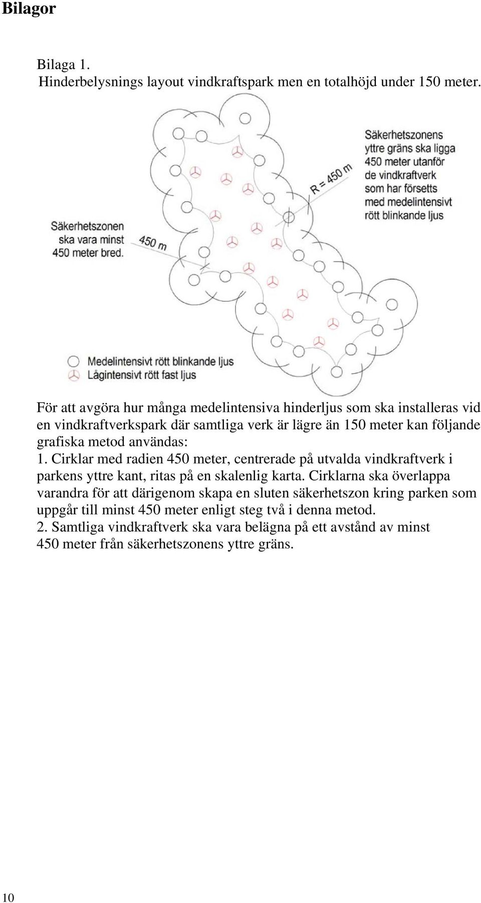 metod användas: 1. Cirklar med radien 450 meter, centrerade på utvalda vindkraftverk i parkens yttre kant, ritas på en skalenlig karta.