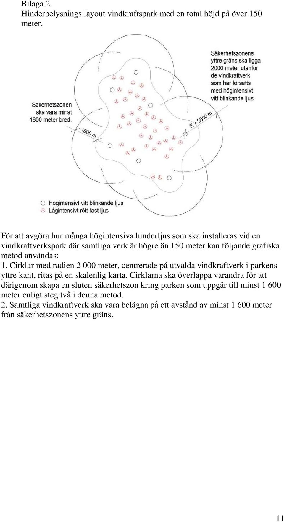 användas: 1. Cirklar med radien 2 000 meter, centrerade på utvalda vindkraftverk i parkens yttre kant, ritas på en skalenlig karta.
