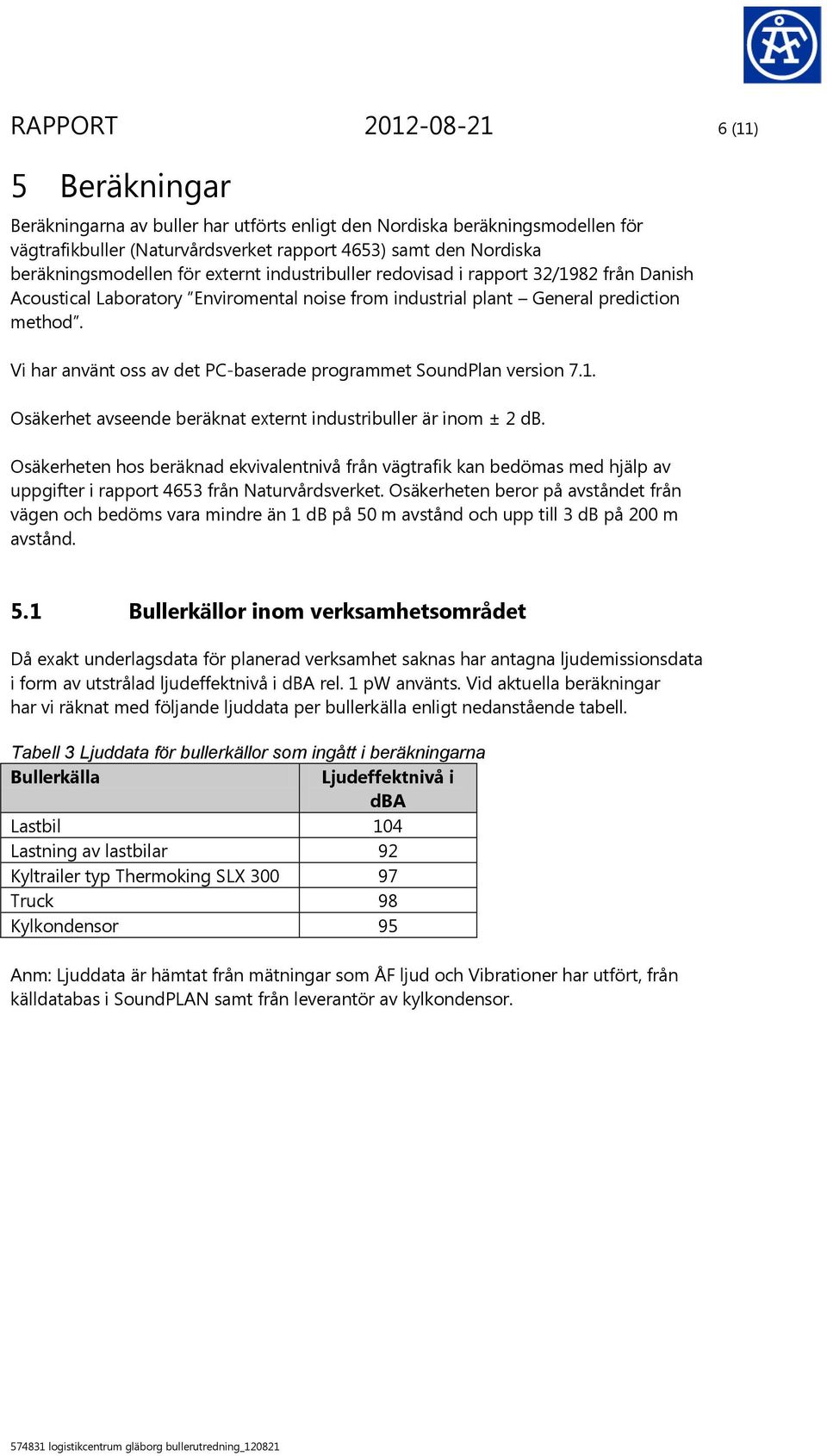 Vi har använt oss av det PC-baserade programmet SoundPlan version 7.1. Osäkerhet avseende beräknat externt industribuller är inom ± 2 db.