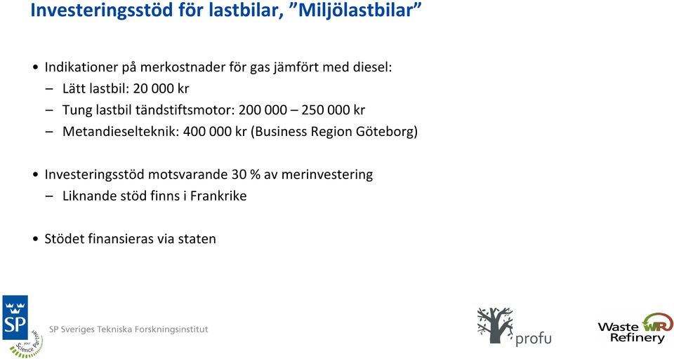 000 kr Metandieselteknik: 400 000 kr (Business Region Göteborg) Investeringsstöd