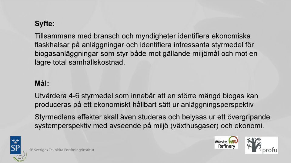 Mål: Utvärdera 4-6 styrmedel som innebär att en större mängd biogas kan produceras på ett ekonomiskt hållbart sätt ur