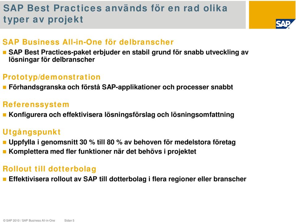 effektivisera lösningsförslag och lösningsomfattning Utgångspunkt Uppfylla i genomsnitt 30 % till 80 % av behoven för medelstora företag Komplettera med fler