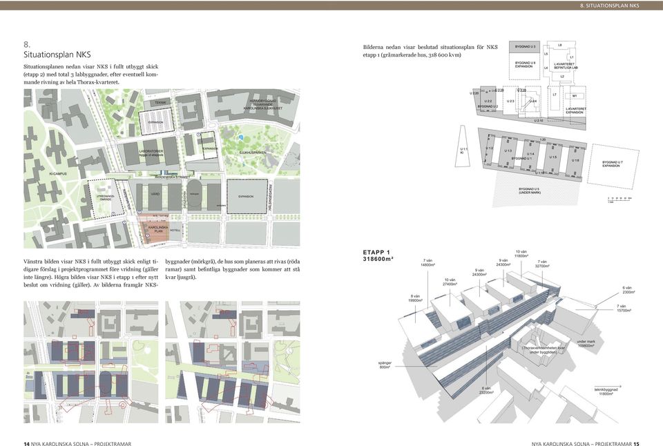 labbyggnader, efter eventuell kommande rivning av hela Thorax-kvarteret. Vänstra bilden visar NKS i fullt utbyggt skick enligt tidigare förslag i projektprogrammet före vridning (gäller inte längre).