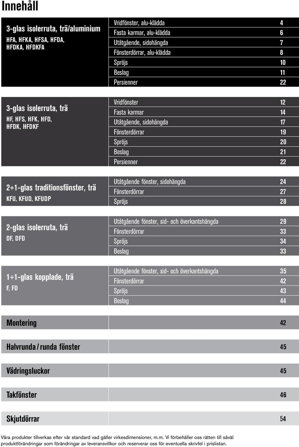 Vridfönster 12 Fasta karmar 14 Utåtgående, sidohängda 17 Fönsterdörrar 19 Spröjs 20 Beslag 21 Persienner 22 Utåtgående fönster, sidohängda 24 Fönsterdörrar 27 Spröjs 28 Utåtgående fönster, sid- och