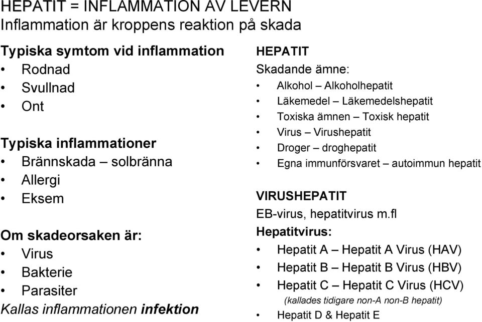 Läkemedelshepatit Toxiska ämnen Toxisk hepatit Virus Virushepatit Droger droghepatit Egna immunförsvaret autoimmun hepatit VIRUSHEPATIT EB-virus, hepatitvirus m.