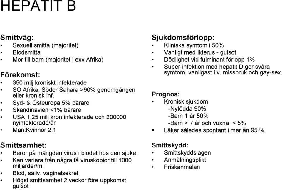 Kan variera från några få viruskopior till 1000 miljarder/ml Blod, saliv, vaginalsekret Högst smittsamhet 2 veckor före uppkomst gulsot Sjukdomsförlopp: Kliniska symtom i 50% Vanligt med ikterus -