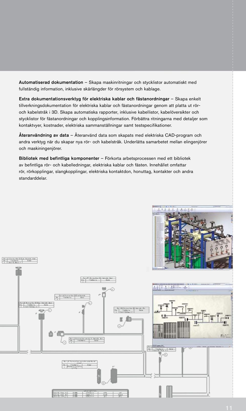 Skapa automatiska rapporter, inklusive kabellistor, kabelöversikter och stycklistor för fästanordningar och kopplingsinformation.