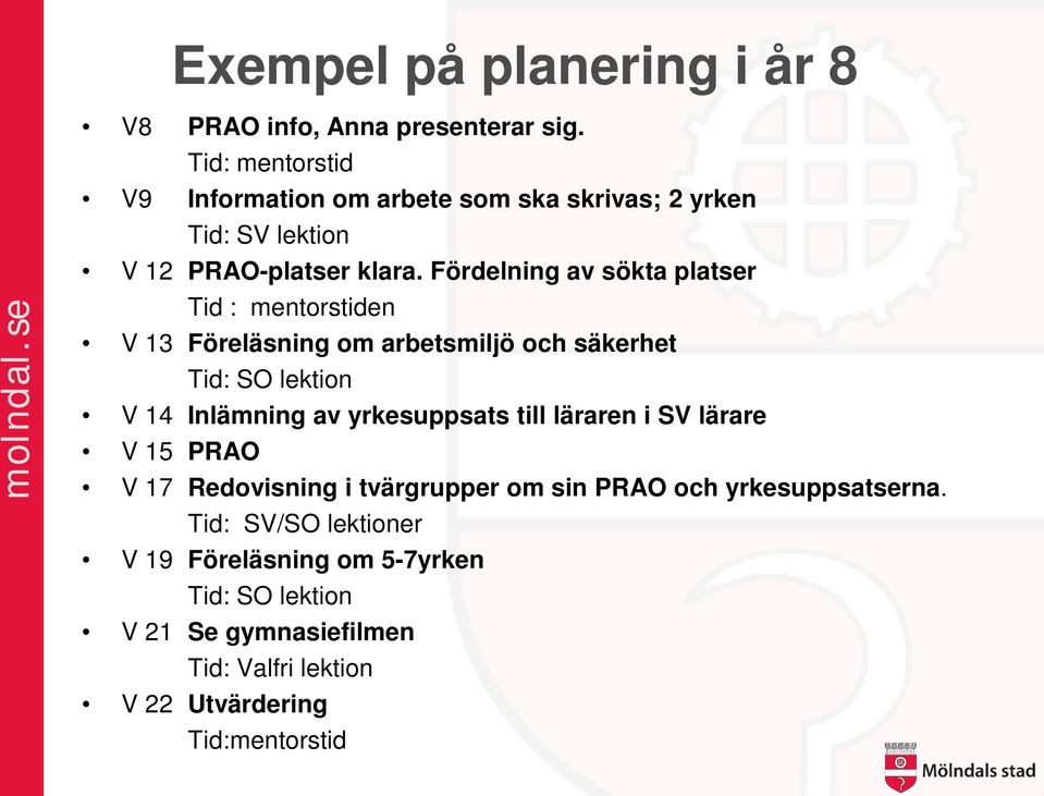 Fördelning av sökta platser Tid : mentorstiden V 13 Föreläsning om arbetsmiljö och säkerhet Tid: SO lektion V 14 Inlämning av