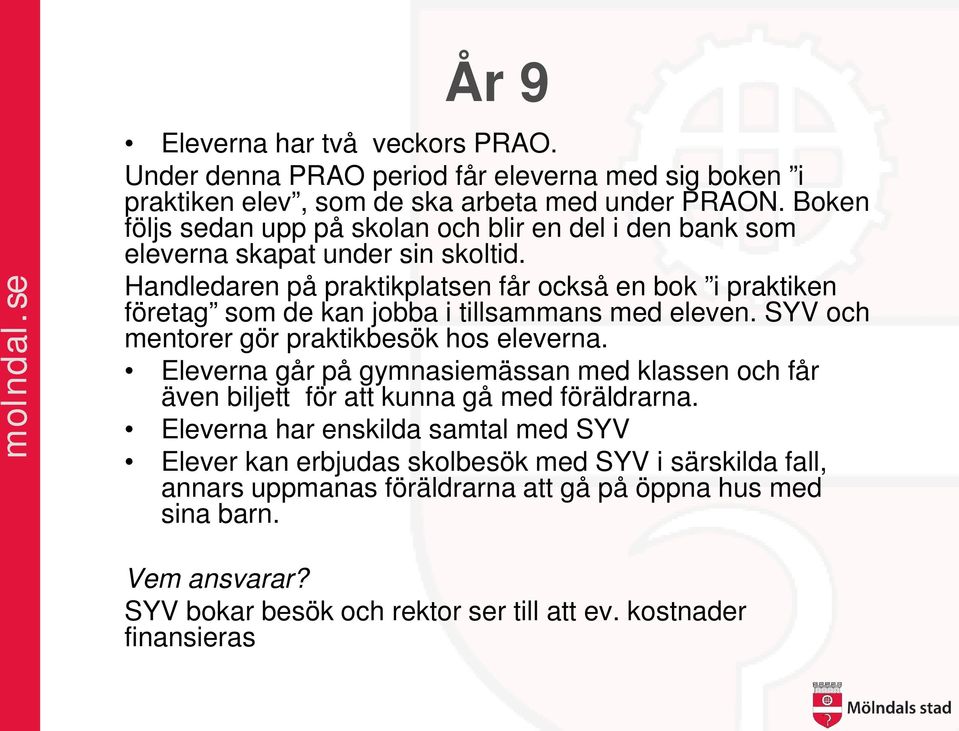 Handledaren på praktikplatsen får också en bok i praktiken företag som de kan jobba i tillsammans med eleven. SYV och mentorer gör praktikbesök hos eleverna.