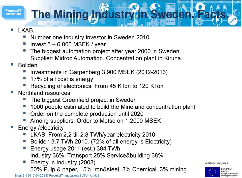 900 MSEK (2012-2013) 17% of all cost is energy Recycling of electronics.