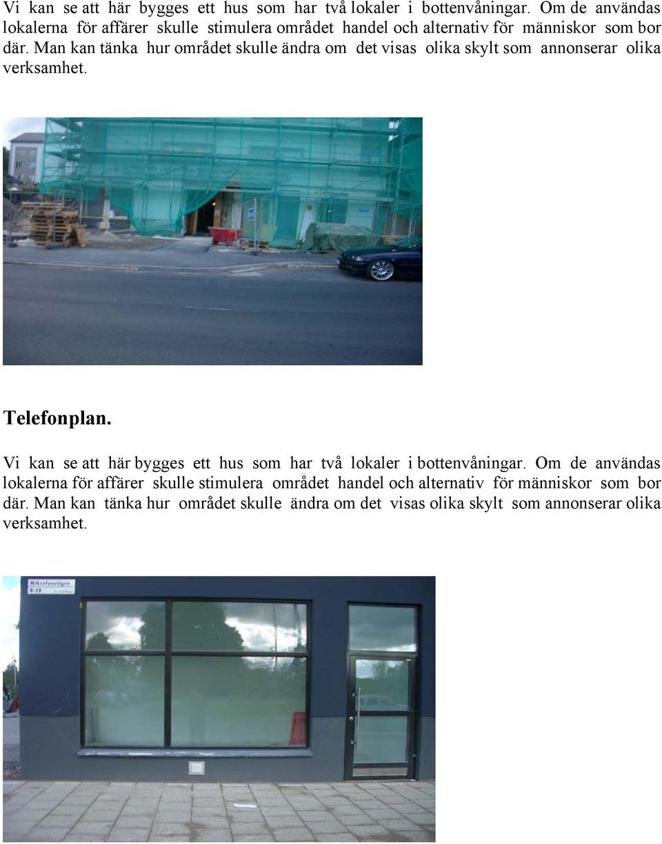 Man kan tänka hur området skulle ändra om det visas olika skylt som annonserar olika verksamhet. Telefonplan.