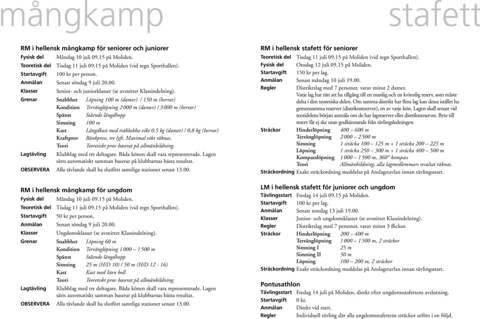 Grenar Snabbhet Löpning 100 m (damer) / 150 m (herrar) Kondition Terränglöpning 2000 m (damer) / 3000 m (herrar) Spänst Stående längdhopp Simning 100 m Kast Längdkast med träklubba vikt 0,5 kg