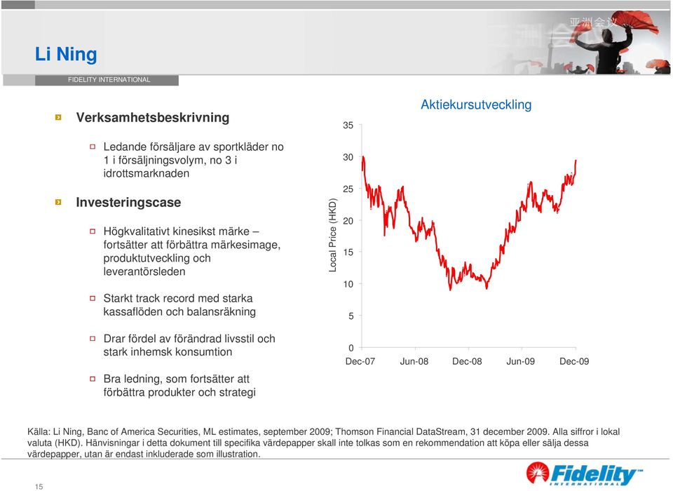 inhemsk konsumtion Bra ledning, som fortsätter att förbättra produkter och strategi Local Price (HKD) 30 25 20 15 10 5 0 Dec-07 Jun-08 Dec-08 Jun-09 Dec-09 Källa: Li Ning, Banc of America Securities,