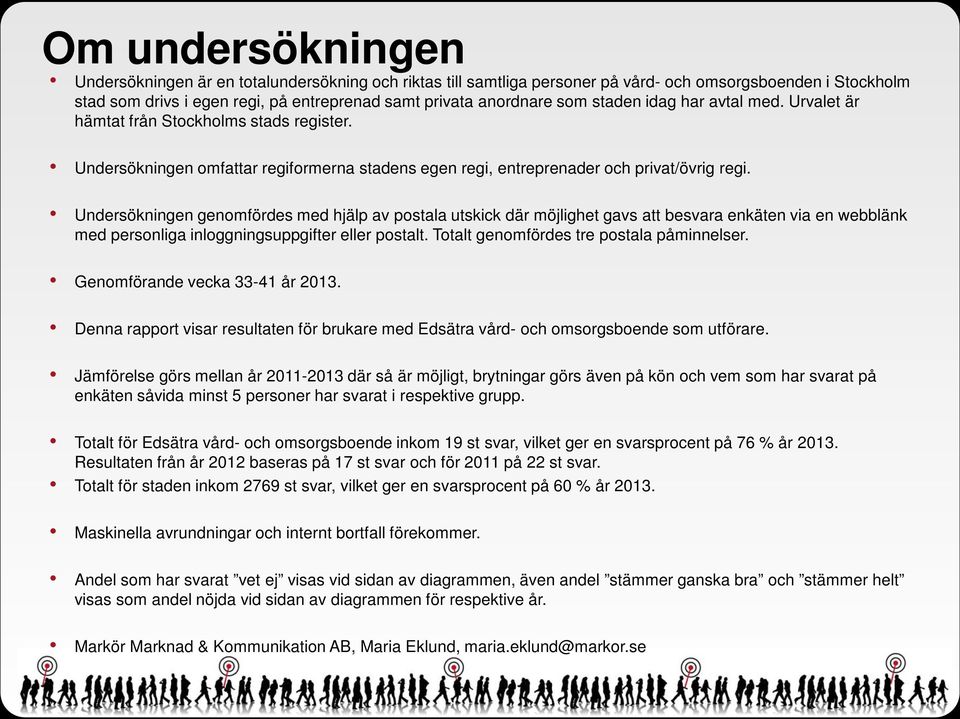Undersökningen genomfördes med hjälp av postala utskick där möjlighet gavs att besvara enkäten via en webblänk med personliga inloggningsuppgifter eller postalt.