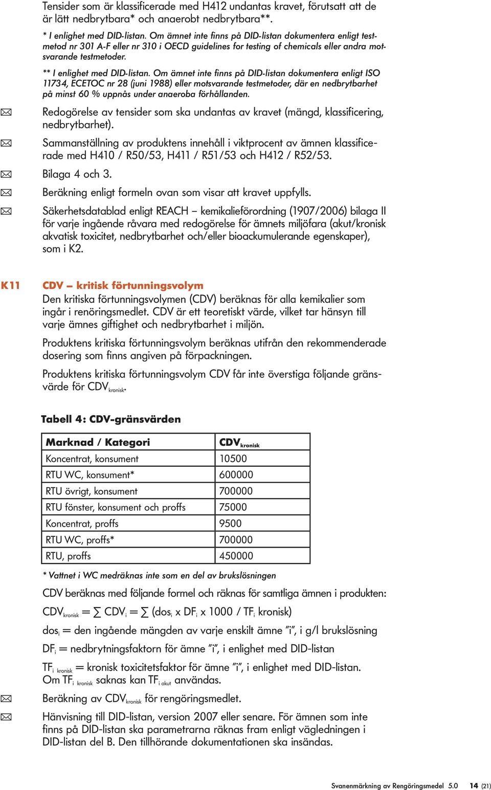 Om ämnet inte finns på DID-istan dokumentera enigt ISO 11734, ECETOC nr 28 (juni 1988) eer motsvarande testmetoder, där en nedbrytbarhet på minst 60 % uppnås under anaeroba förhåanden.