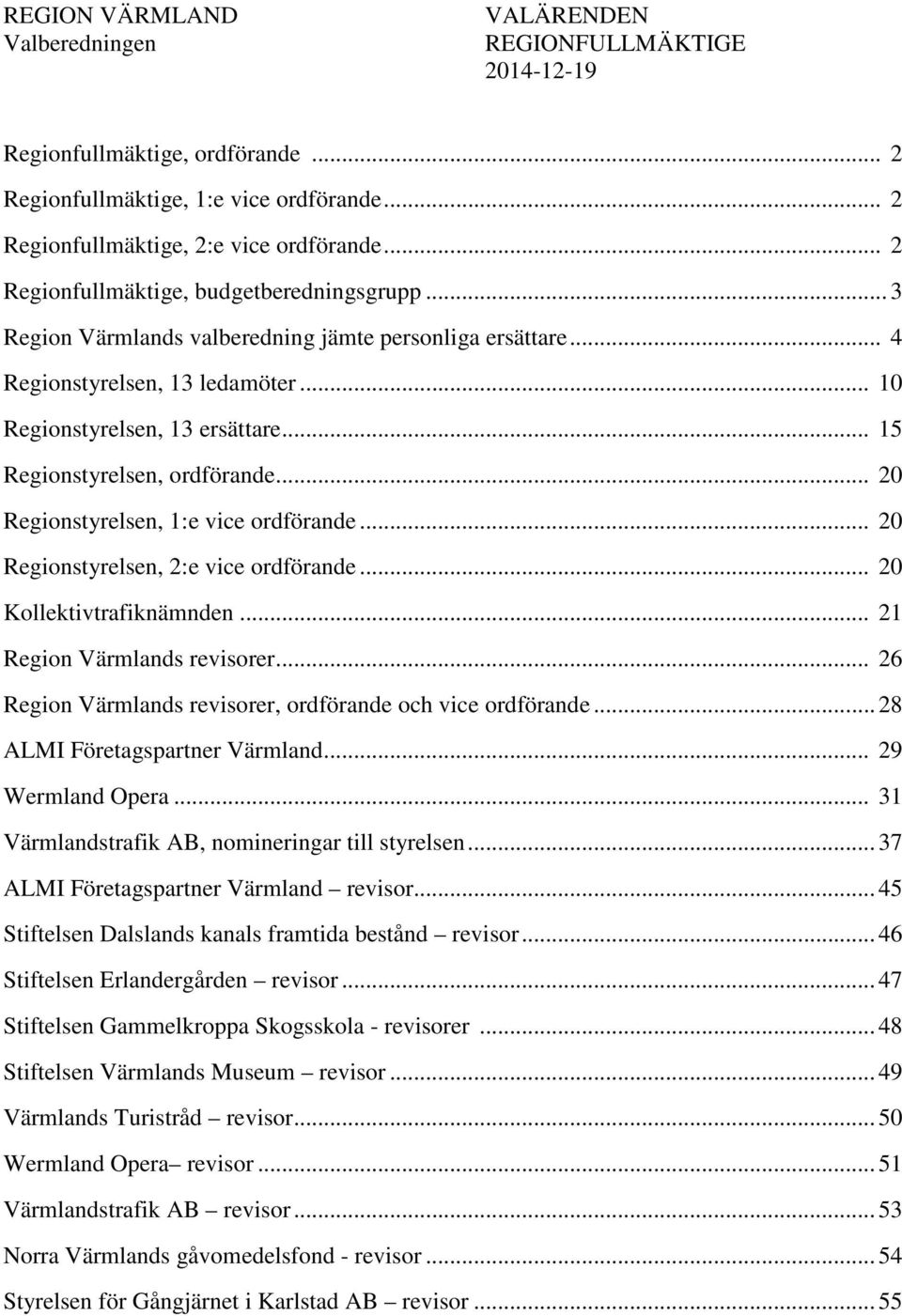 .. 20 Regionstyrelsen, 1:e vice ordförande... 20 Regionstyrelsen, 2:e vice ordförande... 20 Kollektivtrafiknämnden... 21 Region Värmlands revisorer.