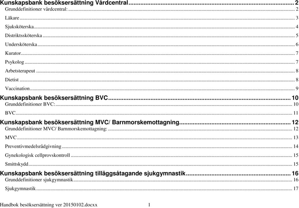 .. 11 Kunskapsbank besöksersättning MVC/ Barnmorskemottagning... 12 Grunddefinitioner MVC/ Barnmorskemottagning:... 12 MVC... 13 Preventivmedelsrådgivning.