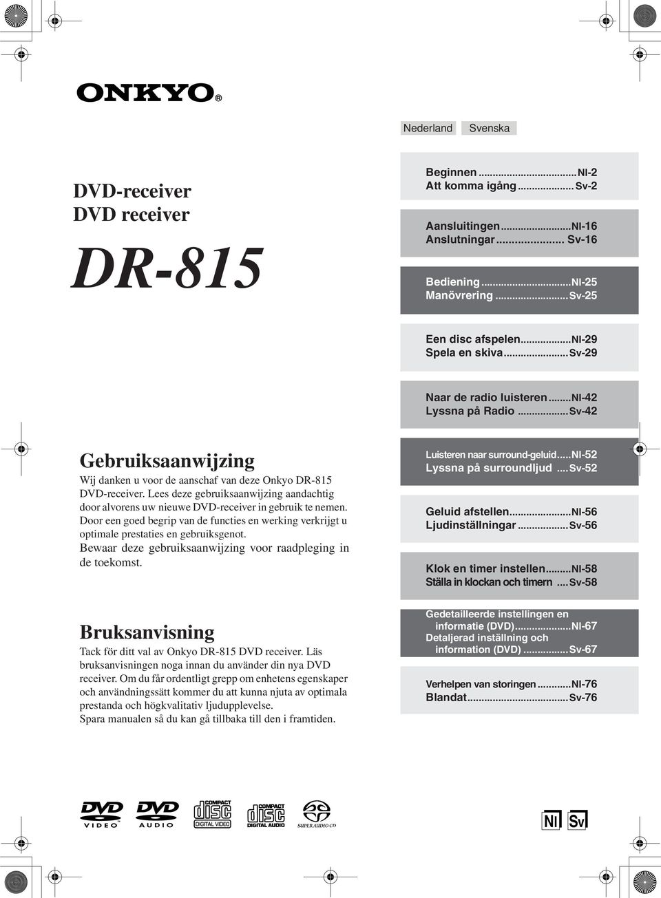 Lees deze gebruiksaanwijzing aandachtig door alvorens uw nieuwe DVD-receiver in gebruik te nemen. Door een goed begrip van de functies en werking verkrijgt u optimale prestaties en gebruiksgenot.