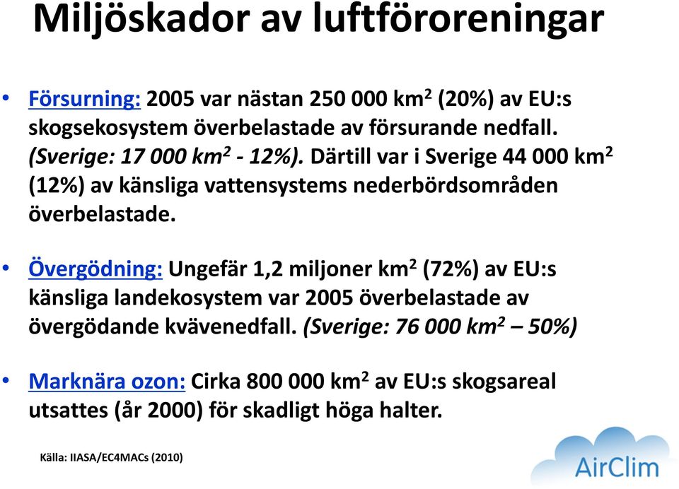 Övergödning: Ungefär 1,2 miljoner km 2 (72%) av EU:s känsliga landekosystem var 2005 överbelastade av övergödande kvävenedfall.