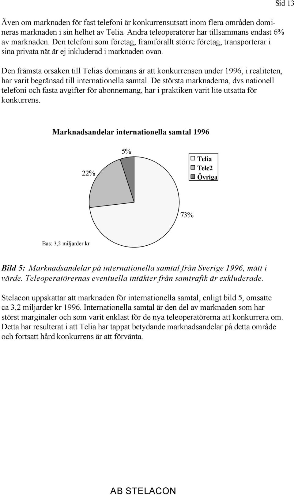 Den främsta orsaken till Telias dominans är att konkurrensen under 1996, i realiteten, har varit begränsad till internationella samtal.