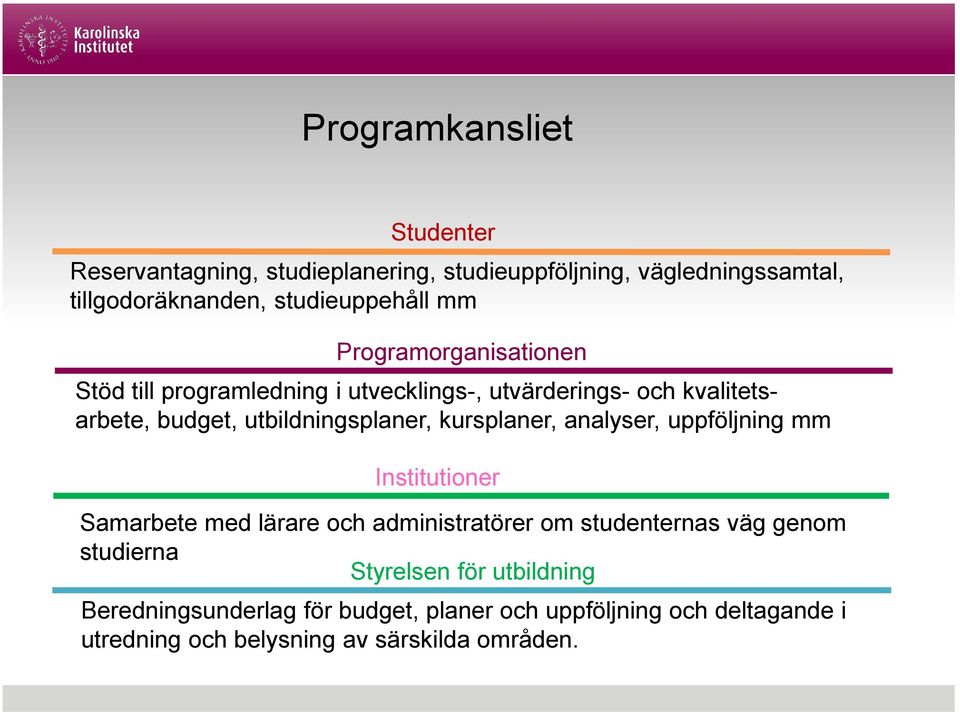 kursplaner, analyser, uppföljning mm Institutioner Samarbete med lärare och administratörer om studenternas väg genom studierna