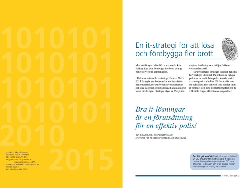 I Polisens nationella it-strategi för åren 2010-2015 framgår hur Polisen ska använda informationsteknik för att förbättra verksamheten och öka informationsutbytet med andra aktörer inom rätts kedjan.