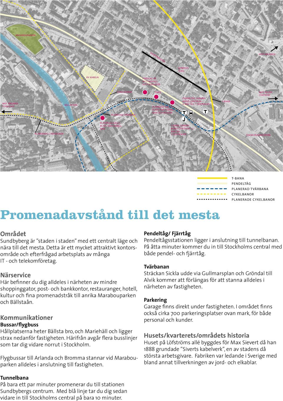 T-CENTRALEN SOLNA BUSINESSPARK Promenadavstånd till det mesta T-BANA PENDELTÅG PLANERAD TVÄRBANA CYKELBANOR PLANERADE CYKELBANOR Området Sundbyberg är staden i staden med ett centralt läge och nära