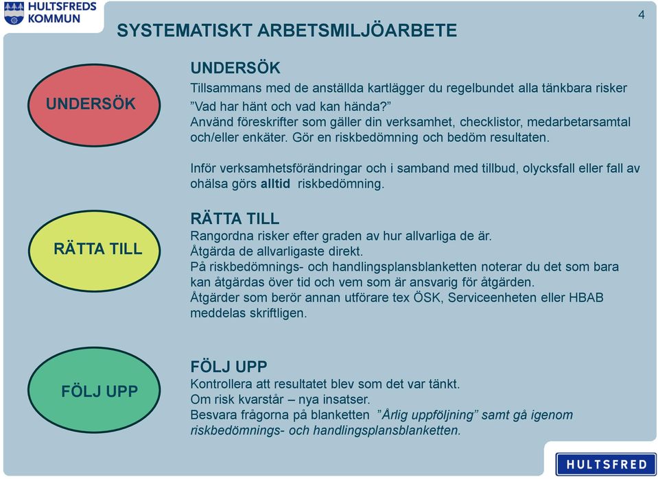 Inför verksamhetsförändringar och i samband med tillbud, olycksfall eller fall av ohälsa görs alltid riskbedömning. RÄTTA TILL RÄTTA TILL Rangordna risker efter graden av hur allvarliga de är.