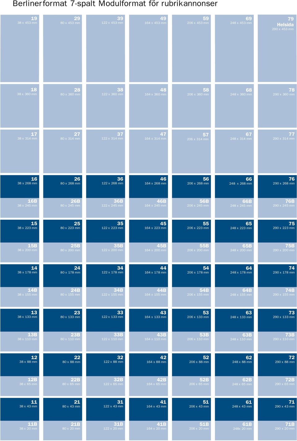 x 268 mm 26 80 x 268 mm 36 122 x 268 mm 46 164 x 268 mm 56 206 x 268 mm 66 248 x 268 mm 76 290 x 268 mm 16B 38 x 245 mm 26B 80 x 245 mm 36B 122 x 245 mm 46B 164 x 245 mm 56B 206 x 245 mm 66B 248 x