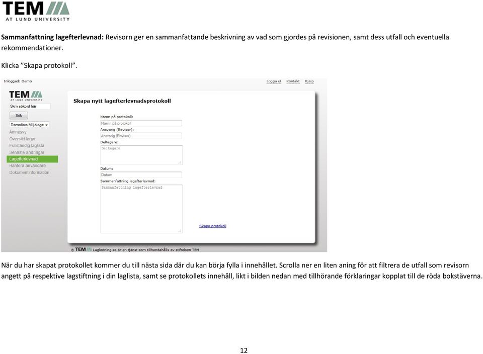 När du har skapat protokollet kommer du till nästa sida där du kan börja fylla i innehållet.