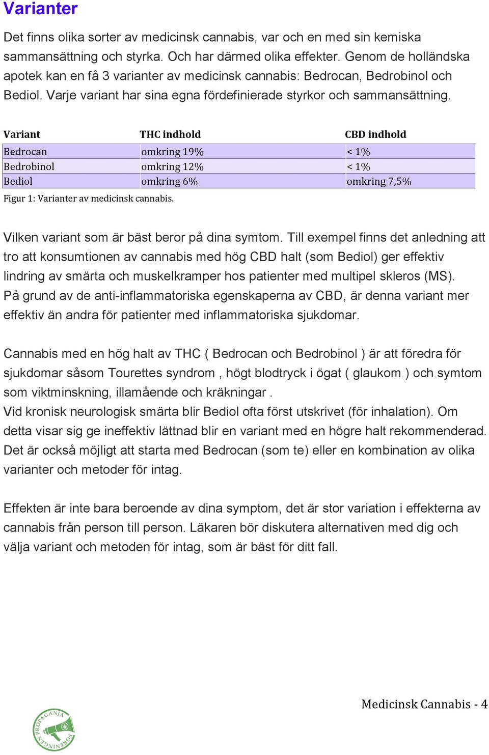 Variant THC indhold CBD indhold Bedrocan omkring 19% < 1% Bedrobinol omkring 12% < 1% Bediol omkring 6% omkring 7,5% Figur 1: Varianter av medicinsk cannabis.