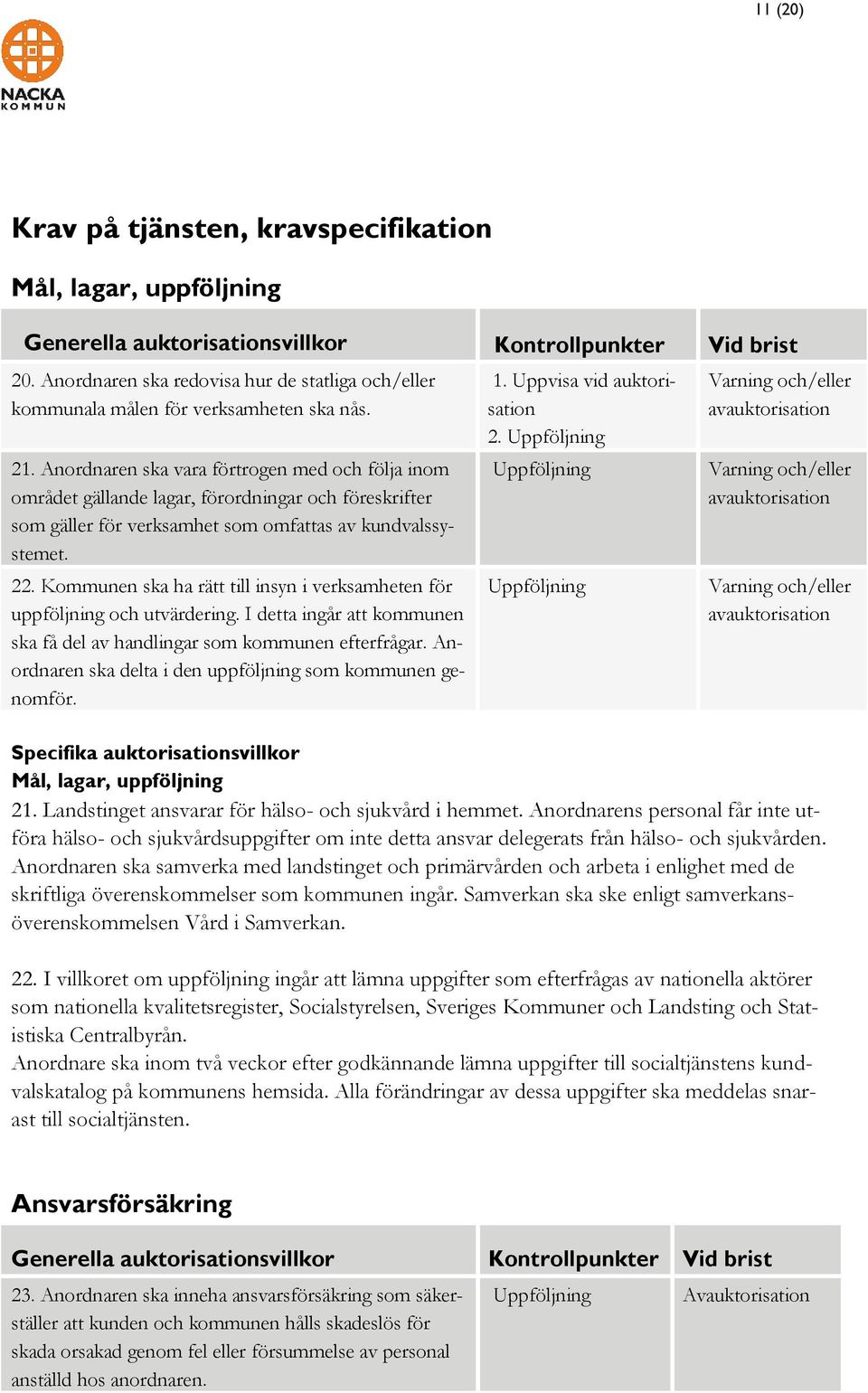 Anordnaren ska vara förtrogen med och följa inom området gällande lagar, förordningar och föreskrifter som gäller för verksamhet som omfattas av kundvalssystemet. 22.