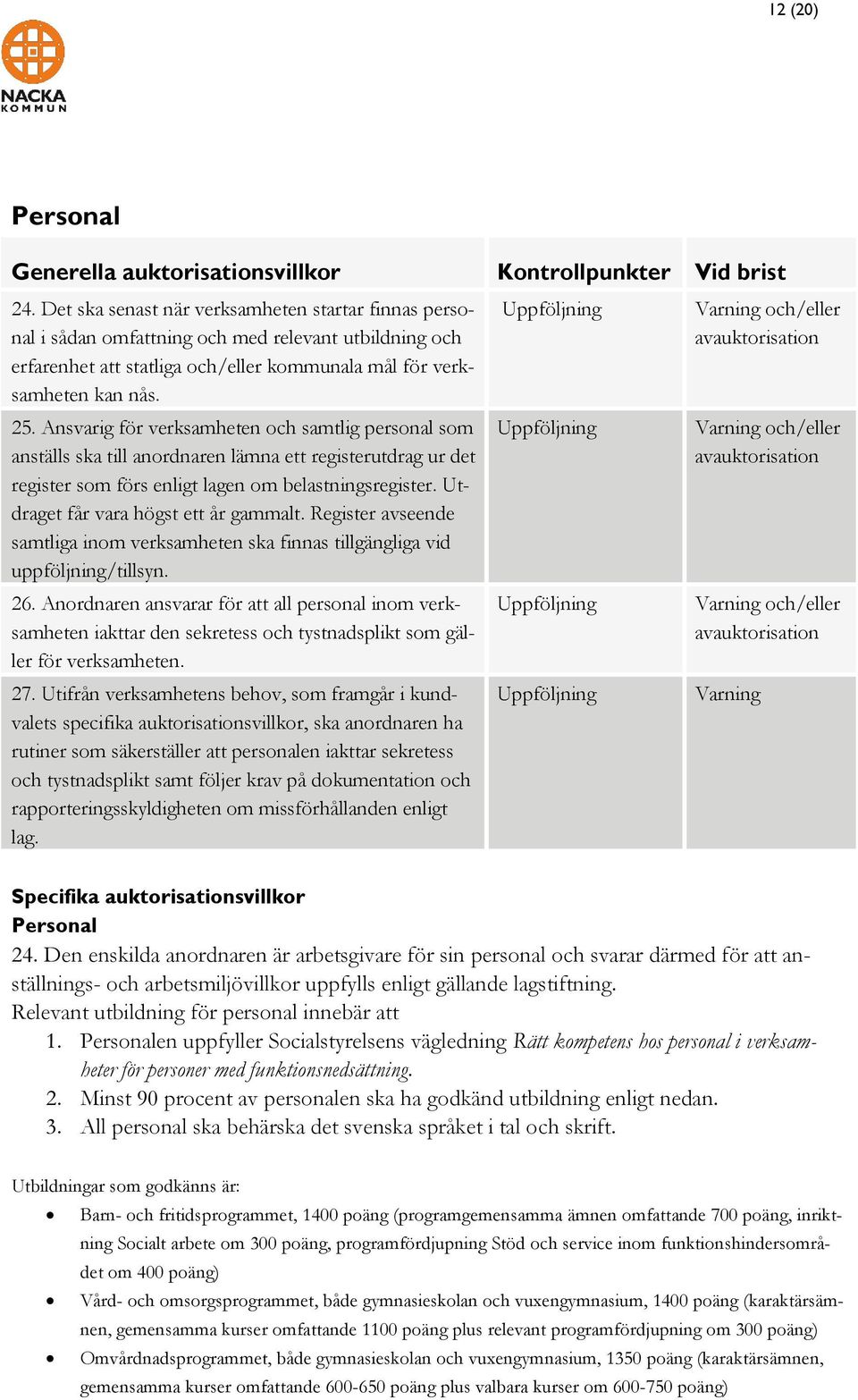 Ansvarig för verksamheten och samtlig personal som anställs ska till anordnaren lämna ett registerutdrag ur det register som förs enligt lagen om belastningsregister.