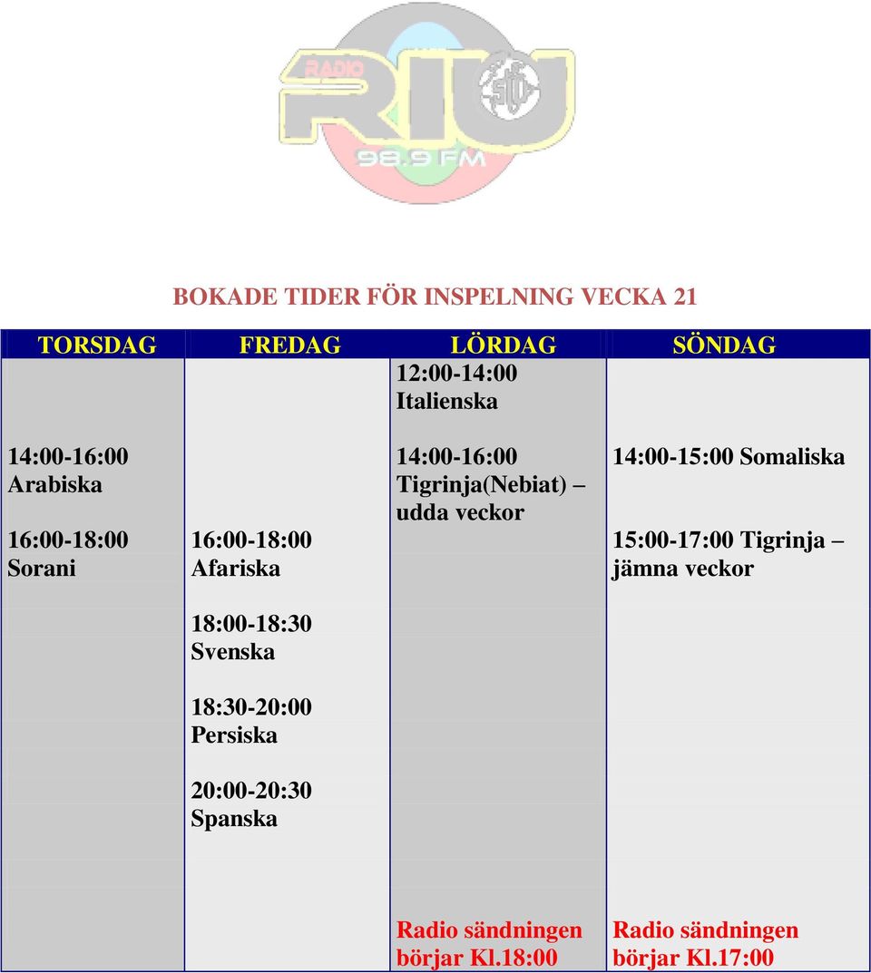 udda veckor 14:00-15:00 Somaliska 15:00-17:00 Tigrinja jämna veckor 18:00-18:30 Svenska