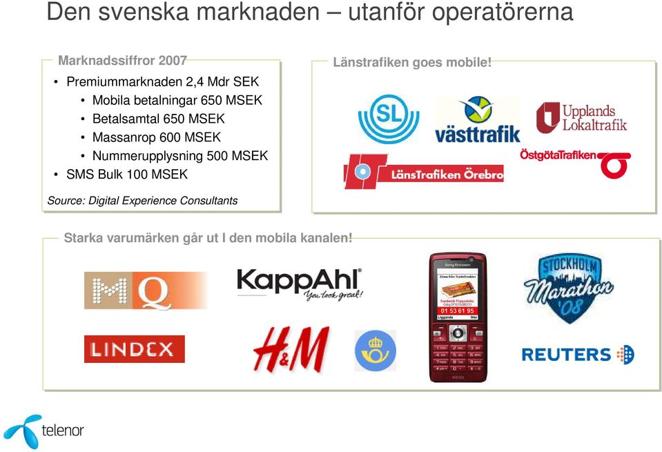 Massanrop 600 MSEK Nummerupplysning 500 MSEK SMS Bulk 100 MSEK Länstrafiken