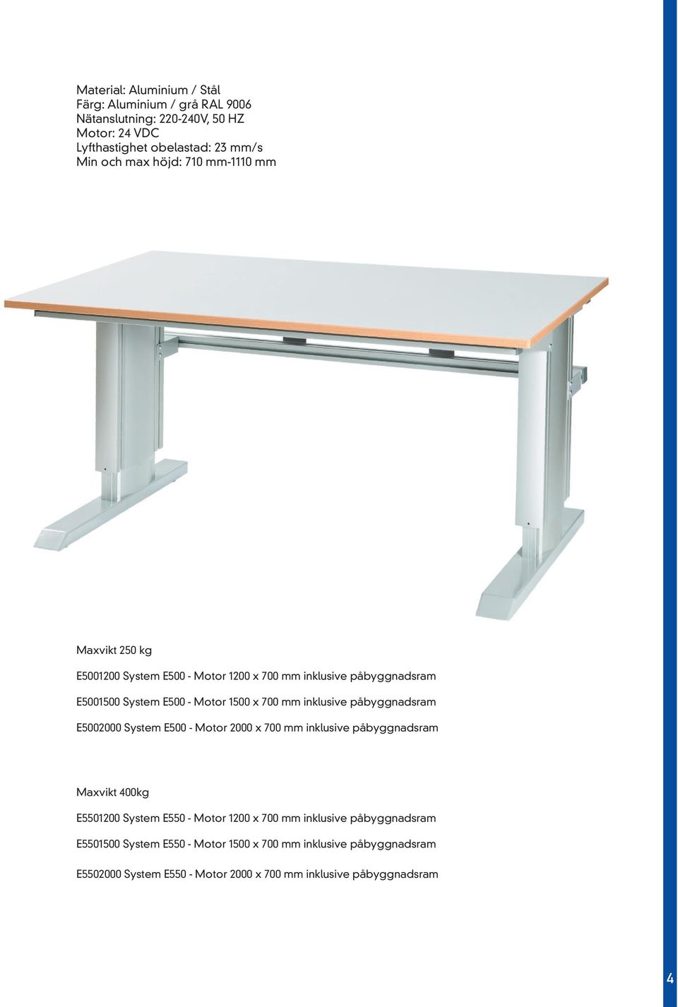 inklusive påbyggnadsram E5002000 System E500 - Motor 2000 x 700 mm inklusive påbyggnadsram Maxvikt 400kg E5501200 System E550 - Motor 1200 x 700 mm