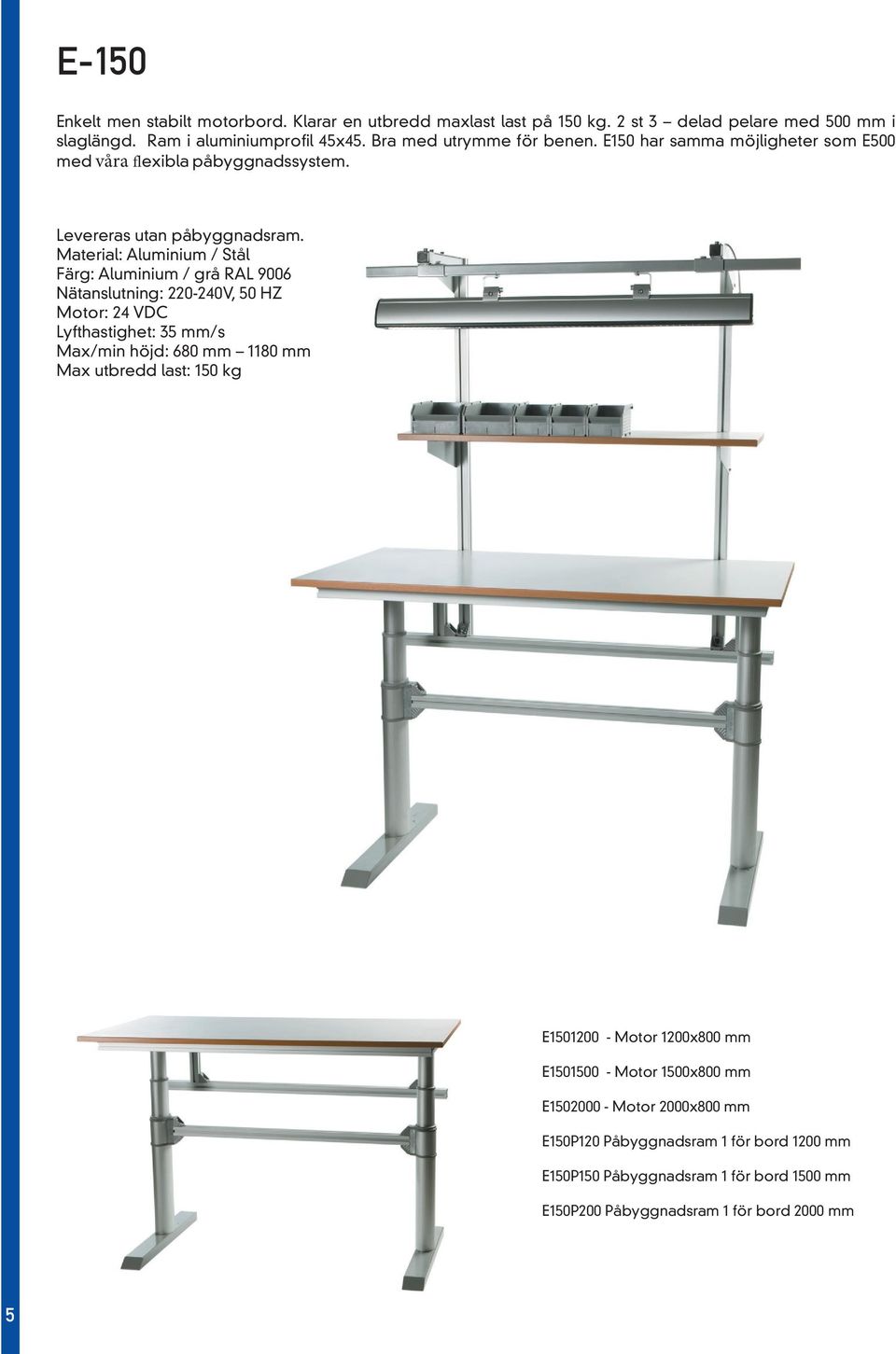 Material: Aluminium / Stål Färg: Aluminium / grå RAL 9006 Nätanslutning: 220-240V, 50 HZ Motor: 24 VDC Lyfthastighet: 35 mm/s Max/min höjd: 680 mm 1180 mm Max utbredd