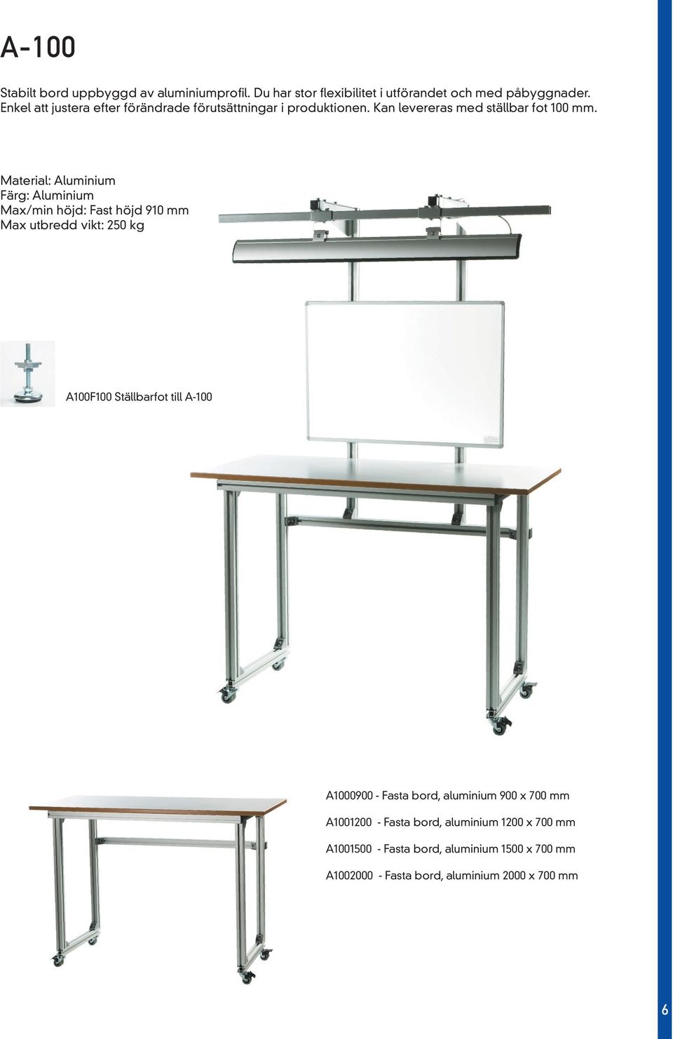 Material: Aluminium Färg: Aluminium Max/min höjd: Fast höjd 910 mm Max utbredd vikt: 250 kg A100F100 Ställbarfot till A-100